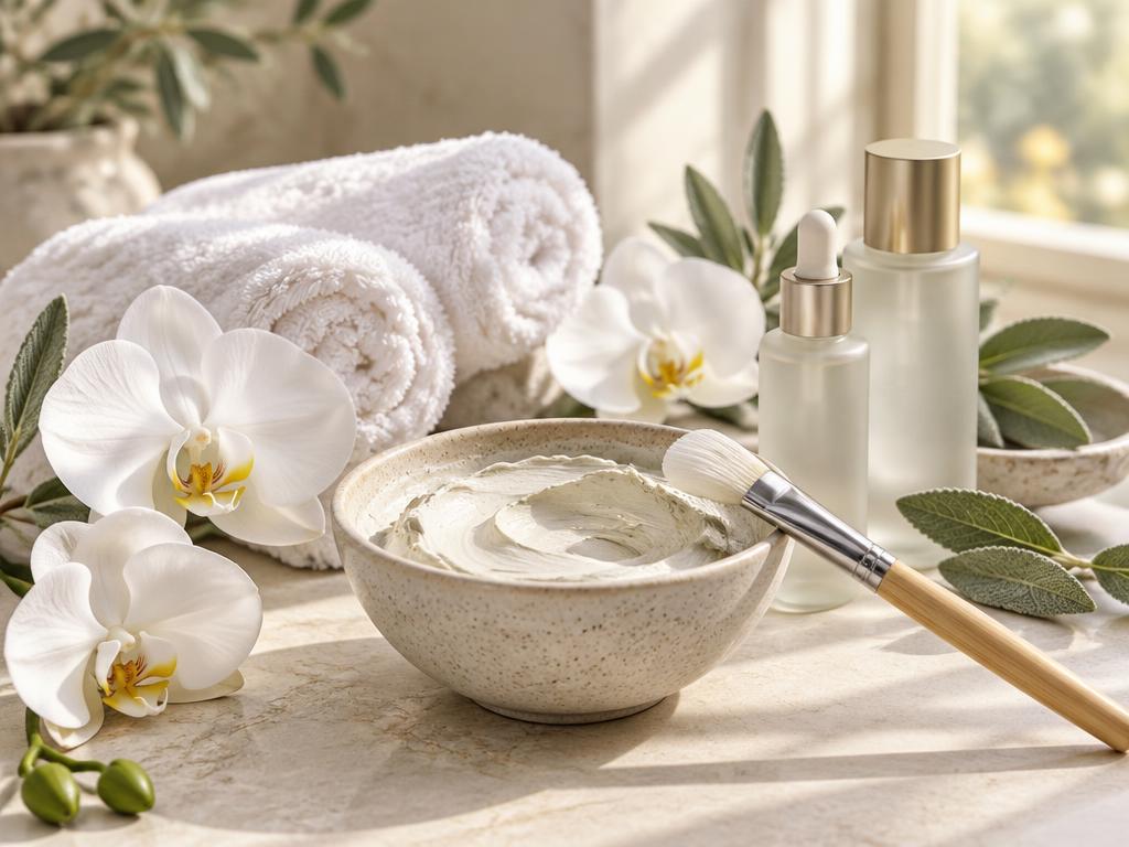 Skincare essentials and fresh orchids