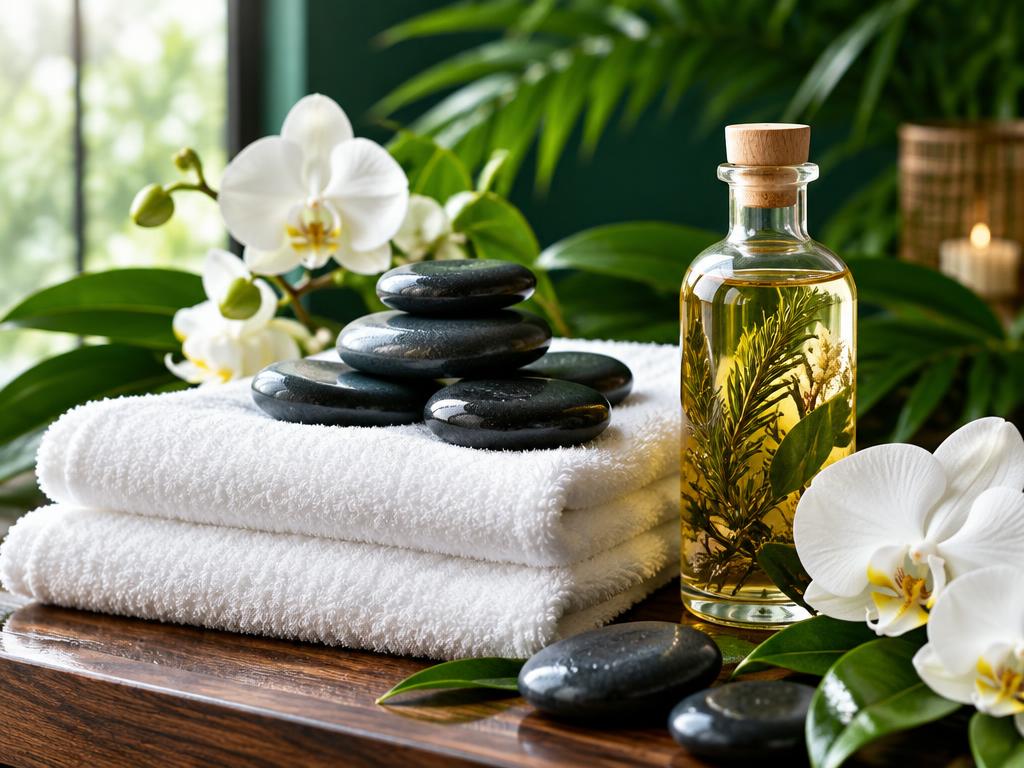 Botanical oils and hot stones for a spa ritual